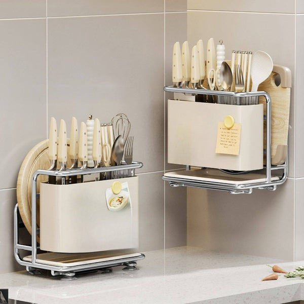 1pc Cream Kitchen Utensil Storage Rack with Drainage Tray, Multifunctional Cutlery Slots for Spoon, Knife, Fork, Shovel, Knives, Chopsticks, Chopping Boards, Pot Lids and More, Durable Structure, Compact Countertop Design, Versatile Kitchen Organizer, Des