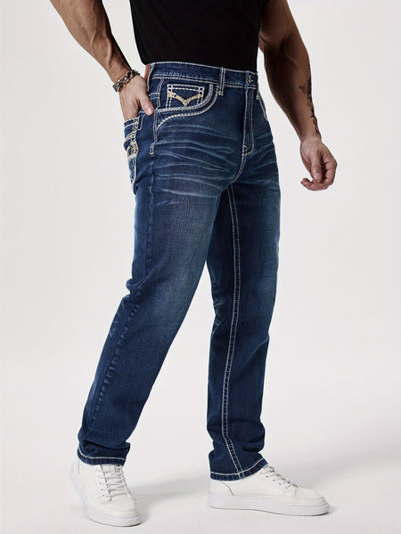 Men'S Elastic Washed Denim Jeans with Thick Line Embroidery on The Front And Back Pockets