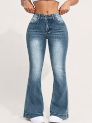 Women' Pear-Shaped High-Waisted Bootcut Jeans - Light Blue Stretch Denim Pants with Distressed Hand-Washed Belted Trousers, Elastic Bootcut Suitable for All Body Types, UK Stock Retro Casual Bottoms
