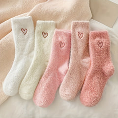 5 Pairs of Cozy Heart-Embroidered Socks - Soft, Fluffy, Mid-Calf Length, Perfect for Women, Autumn & Winter, Autumn Winter Socks | Heart Embroidery Socks | Texture Socks