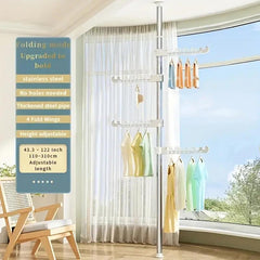 4-Tier Standing Clothes Laundry Drying Rack Coat Hanger Organizer Floor to Ceiling Adjustable Metal Corner Tension Pole