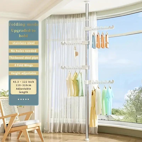 4-Tier Standing Clothes Laundry Drying Rack Coat Hanger Organizer Floor to Ceiling Adjustable Metal Corner Tension Pole