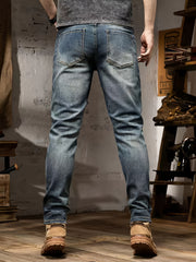 Men'S Jeans Stretch Trousers Style Cycling Men'S Pants Street Style Blue Distressed Denim Long Pants All-Season Wear