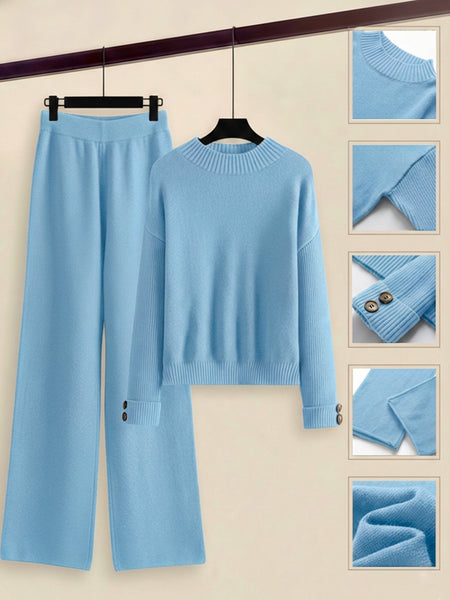 Women's 2pcs Set with Side Stripe| Crewneck Sweater & Relaxed Fit Straight Leg Pants| Soft Loungewear for Spring Autumn | European Casual Y Style