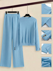 Women's 2pcs Set with Side Stripe| Crewneck Sweater & Relaxed Fit Straight Leg Pants| Soft Loungewear for Spring Autumn | European Casual Y Style