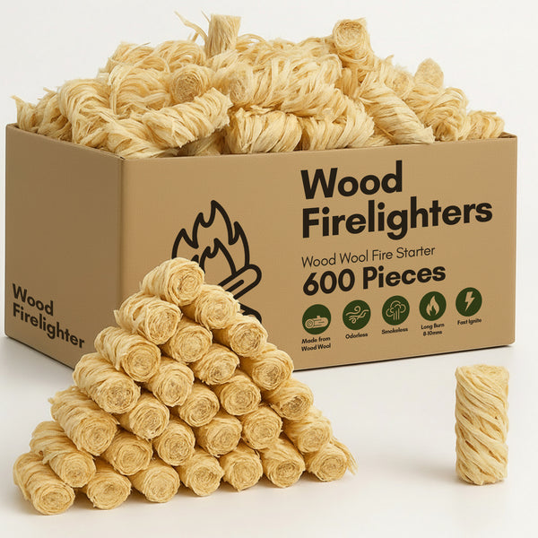 200 Pack Wood Wool Firelighters for Log Burners, BBQ & Camping Quick Light Natural Fire Starters, Clean Burning