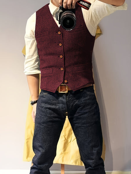 Men'S Vest Wool Blend Herringbone Vintage Men'S Fashion Vest, Groom Best Man Formal Wedding Party Casual Vest