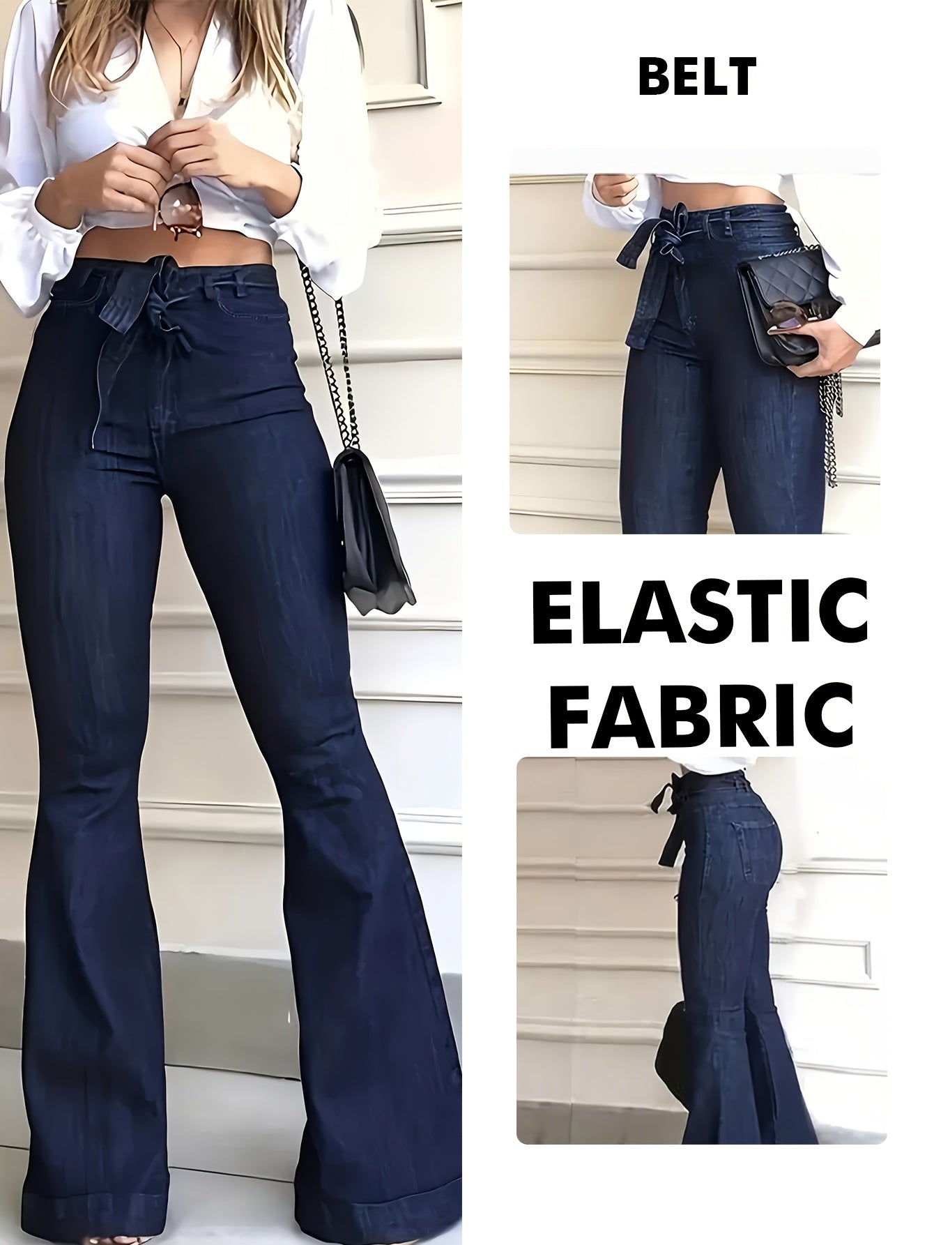 Ladies' Elegant Style Features High-Waisted Elastic Casual Pants, Complete with a Belt And Original Color Flared Trousers