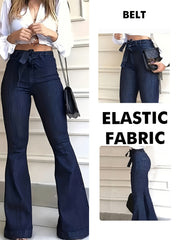 Ladies' Elegant Style Features High-Waisted Elastic Casual Pants, Complete with a Belt And Original Color Flared Trousers