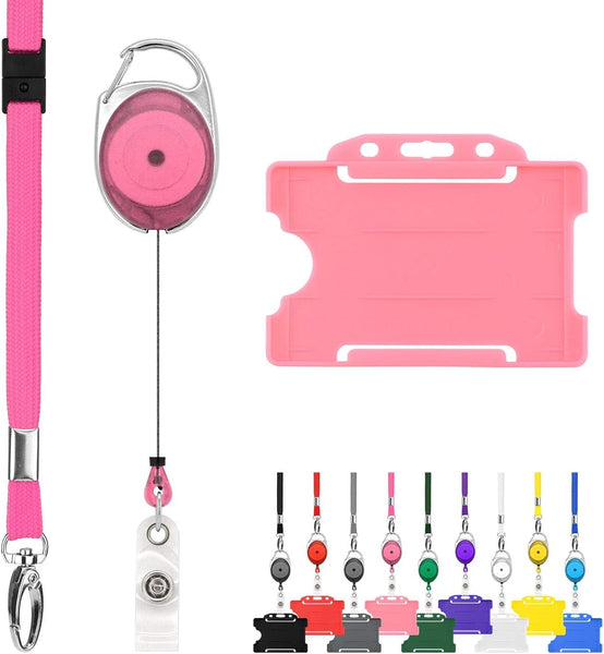 Retractable Lanyard and Badge Holder Trio Triple Pack by Lanyardstomorrow - Set Includes a Single Plain Lanyard, Extendable Carabiner Yoyo Reel Clip and Rigid ID Card Holder (Black)