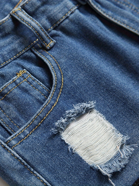 Men's Ripped Jeans with Doll Figure Pattern, Youth Zhang Zai Embroidery, Trendy Skinny Tapered Fit Denim Pants