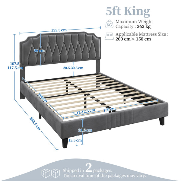 Costoffs Double/King Bed Frame Upholstered Platform Bed with Adjustable Button Tufted Headboard/Velvet Fabric/Mattress Foundation/Sturdy Wooden Slat Support, No Box Spring Needed, Black/Beige/Dark Grey/Light Grey