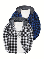 2pcs Men's New York Fashion Trendy Plaid Shirt Hoodie, Plaid Pullover Sweatshirt Flannel Hoodie