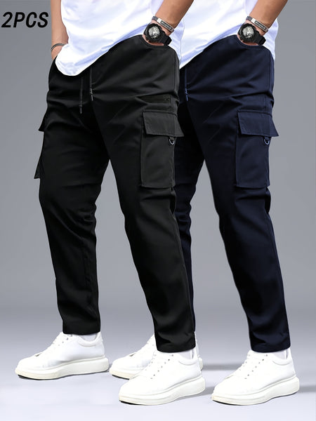 Men's 2pcs Cargo Pants with Drawstring Waist and Multiple Pockets, Suitable for Outdoor Casual Wear