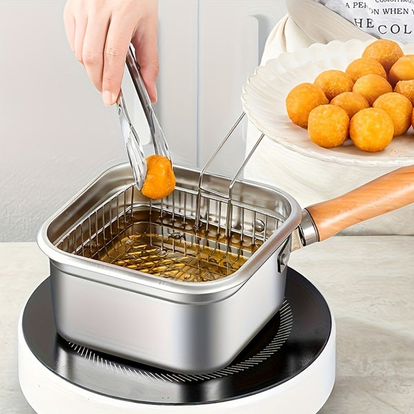 Square Pot Set for Deep Frying Made of Stainless Steel, Includes a Frying Pan, Basket, And Tongs