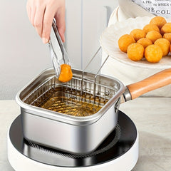 Square Pot Set for Deep Frying Made of Stainless Steel, Includes a Frying Pan, Basket, And Tongs