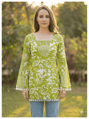Estationeryhouse Cotton Printed Kurta Top, Long Sleeves, with White Tassels and Drawstring for Adjusting at Back
