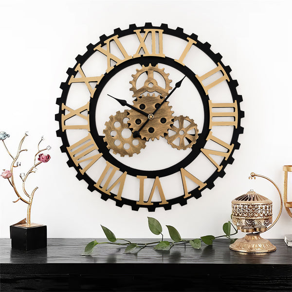 50cm European Vintage Gear Wall Clock with Large Roman Numerals, Outdoor Garden Wall Clock, Industrial Style Giant Open Face Skeleton Clock, Silent Non-Ticking Quartz Clock, Living Room Bedroom Office Kitchen Patio Bar Farmhouse Clock, Christmas & Hallowe
