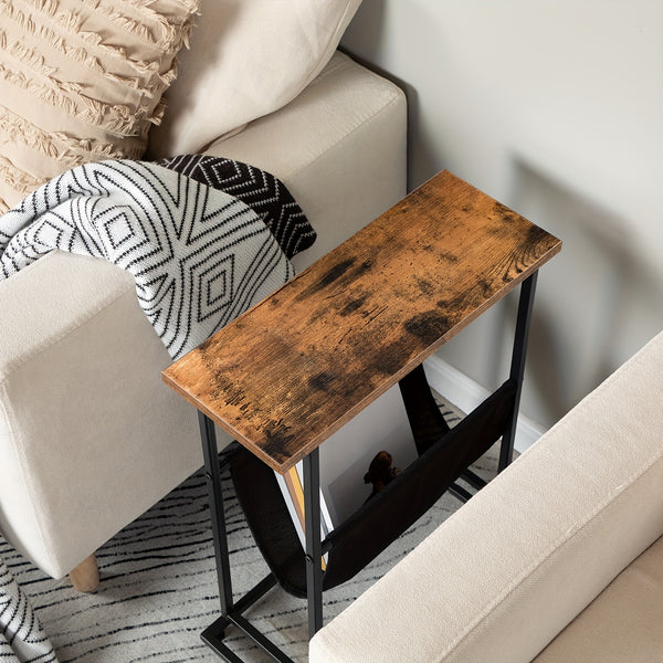 Narrow Side Table, Slim Bedside Table, Industrial Sofa Table with Magazine Organizer, Space Saver, Suitable for Living Room, Bedroom, Vintage Brown And Black
