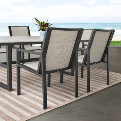 Agio Trinity 7 Piece Sling Dining Patio Set with Sintered Stone Table Top + Cover