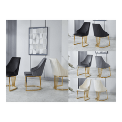 Set of 2 Modernique Velvet Upholstered Dining Chairs with Gold Metal Frame, Available in Black Grey and Cream