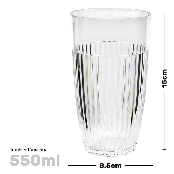 Set of 6 Clear Fluted Hi Ball Plastic Acrylic Drink Tumblers - Stackable Glasses for Picnics, BBQ’s, Poolside, Camping, Children’s Parties