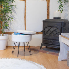 Round Boucle Storage Footstool - Cream H46 x D37cm Living Room Dressing Table Footstool Ottoman Pouffe Chair Seat