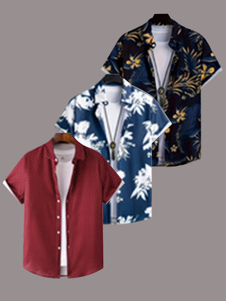 3pcs Men'S Tropical Hibiscus & Palm Leaf Print Short Sleeve Summer Shirts - Breathable Non-Stretch Fabric, Button-Up Collar Casual Button-Up Shirt with Tropical, Hibiscus & Palm Leaf Design, Machine Washable, Perfect For Beach, Vacation