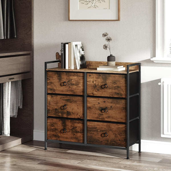 1pc Chest of Drawers, Cabinet with 6 Fabric Drawers, Storage Cabinet Sideboard for Bedroom Living Room Hallway, Metal Frame, Industrial Style