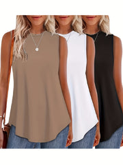Women'S 3pcs Casual Sleeveless Tank Tops - Loose Fit, Round Neck, Solid Color, All-Season Comfort, Polyester Blend, Machine Washable, Ladies Tank Tops