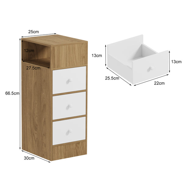 3-Drawer Bedroom Nightstand, 25cm Narrow Side Cabinet, Suitable for Small Spaces such as Bedrooms and Living Rooms, Space-Saving Design with Classic Style, Engineered Wood Top, Manufactured Wood Base, Perfect for Modern Homes, Bedroom Nightstand