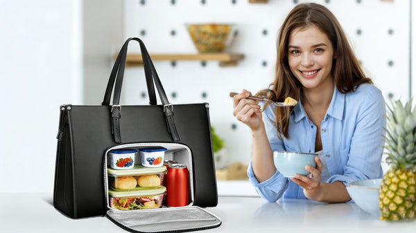 Laptop Tote Bag for Women with Insulated Compartment,Lunch Bag,, 15.6 Inch PU Leather Briefcase Tote, Leakproof Work Handbag with Adjustable Handle, Large Capacity Waterproof Briefcase for School, Multifunctional Office & School Bag, Black