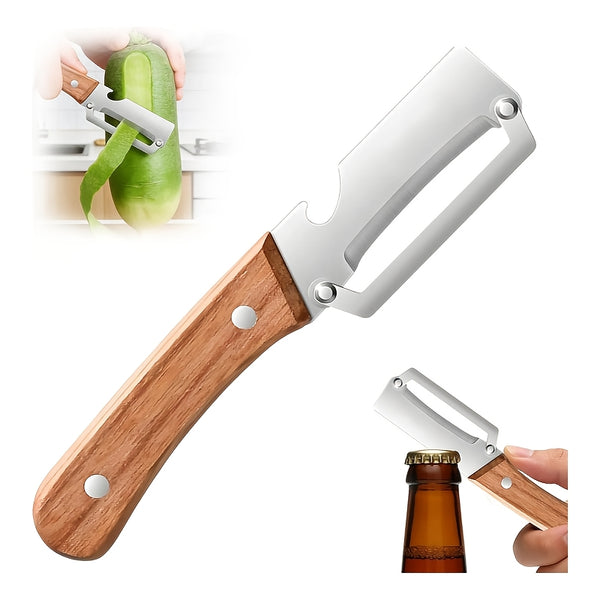 Zero-Snag Wooden Peeler, Multi-Functional Wooden Kitchen Tool, Multifunctional Vegetable Peeler with Stainless Steel Blades & Built-In Bottle Opener