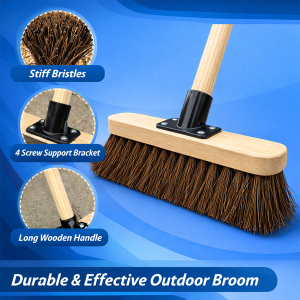 10' Outdoor Yard Broom Stiff Bristle Sweeping Brush with Strong Wooden Handle and Support Bracket for Cleaning Patio Driveway Garden and Yard Areas