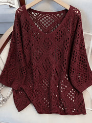 Plus Size - Plus Size - Plus Size Women'S Cashew Flower Loose Temperament Hollow Round Neck Pullover Long Sleeve Sweater
