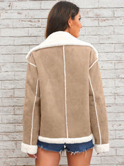 Women's Elegant Lapel Collar Plush Jacket with White Fur-Like Trim - Winter Warm Coat, Structured Fit Front Button Closure, Hand Washable Outerwear for Daily Travel & Holiday Outfits (Solid Color, Autumn/Winter) - Versatile Casual to Semi-Formal Wear