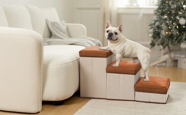 Foldable Dog Stairs, 3 Tier Pet Steps with Storage, Adjustable Dog Ramp for Bed and Sofa, Soft Flannel Pet Stairs for Small & Medium Dogs and Cats