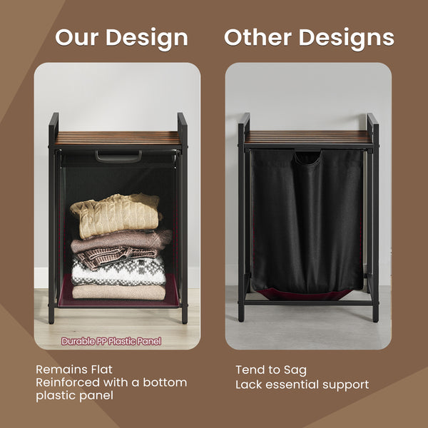 Laundry Hamper, Laundry Basket with Pull-Out Liner, Shelf, Metal Frame, 12.7 Gallons, Rustic Brown and Black