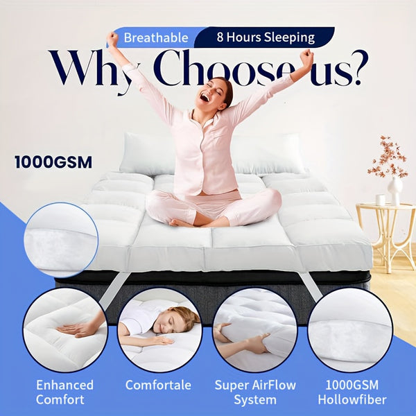 1pc Hotel Quality Mattress Topper 10cm/ 4 Inch Extra Thick Plush Support & Breathable, Fits All Mattress Sizes (Single Double King Super) - White