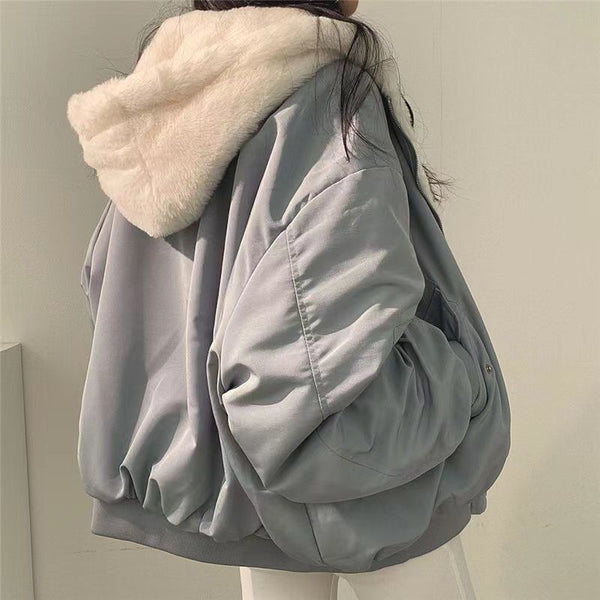 Women's Winter Double-Sided Plush Padded Jacket with Hood & Pockets - Thickened Lamb Outer Coat, Zipper Closure, Solid Color Casual Sweater for Cold Weather (No elastic fabric)