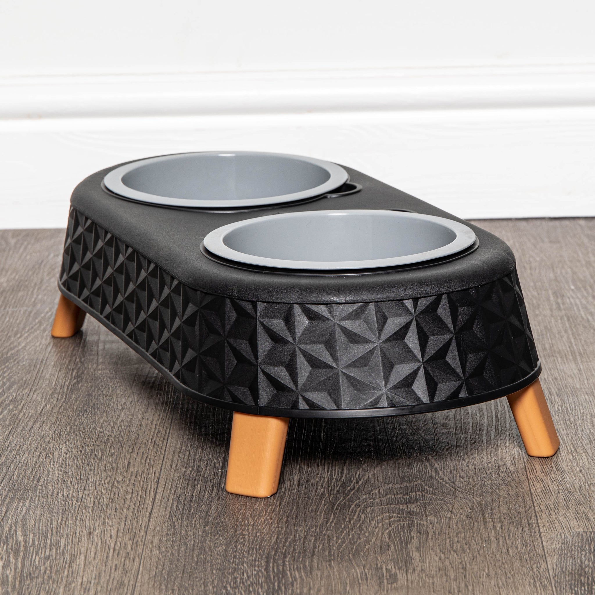 16cm x 9cm Black Plastic Raised Double Pet Bowl Feeding Station with Stand