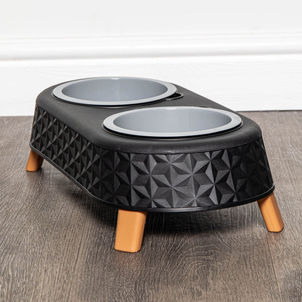 16cm x 9cm Black Plastic Raised Double Pet Bowl Feeding Station with Stand