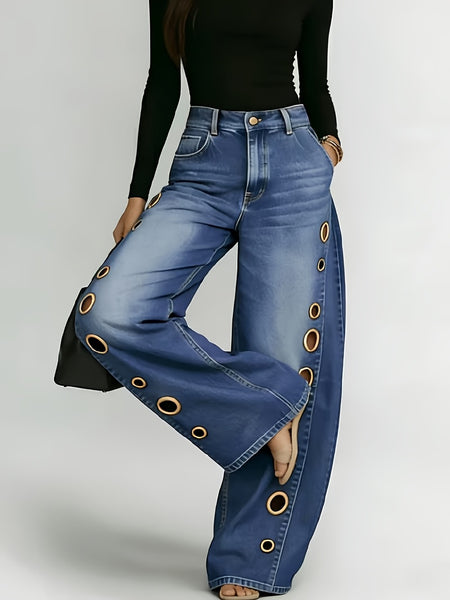 New Retro Style Denim Jeans for Women, with Metal Eyelets Designed for Casual And Loose Fit, High Waisted And Wide Leg Jeans, Street Cool Women'S Clothing, Black Retro Blue Light Blue Women'S Straight Leg Denim Pants