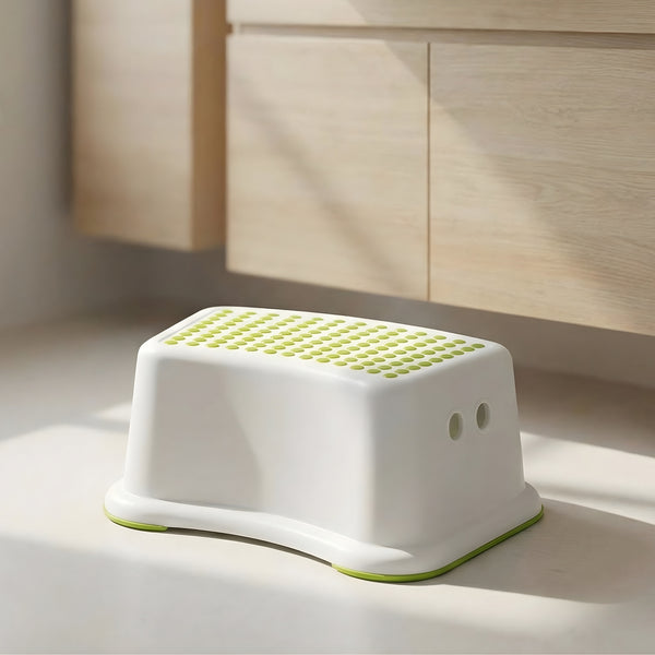 White & Green Toddler Step Stool – Safe Non-Slip Design for Bathroom & Toilet Training Non-Slip Toilet Step in White and Green for Kids, Multiuse Booster Step, Toddler Potty Training