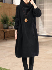 Women'S Elegant Corduroy Dress - Long Sleeve Turtleneck Loose Fit Winter Warm Dress with Pockets, Solid Color (Navy/) - Cozy Fall/Winter