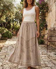 Women'S Indian Boho Maxi Skirt, Embroidered Drawstring Tiered Skirt 18654