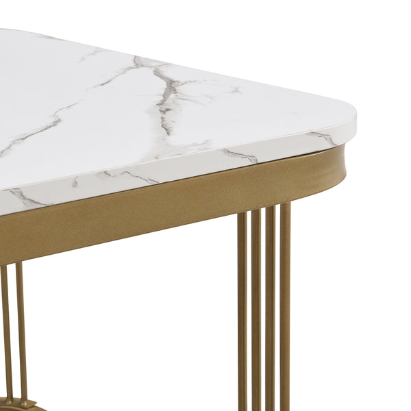 Modern Pedestal Base Space Saving Coffee Table Set of Two, Engineered Wood and Artificial Board Construction, Hardwood, Black Finish, High Gloss Stone Table Top, Metal Golden Accents, with Drawer, Without Electricity, Battery Free.