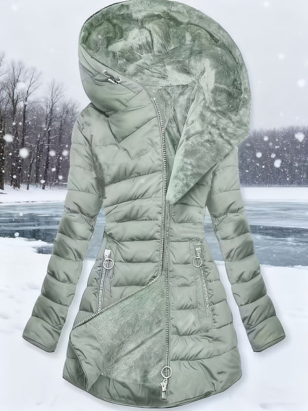 Women'S Winter Casual Mid-Length Fleece-Lined Hooded Jacket - Zippered Pockets, Machine Washable Winter Coat, Full Zip Closure, Regular Fit Sleeves, Fashionable Warm And Cold-Resistant, Comfortable Soft Fabric