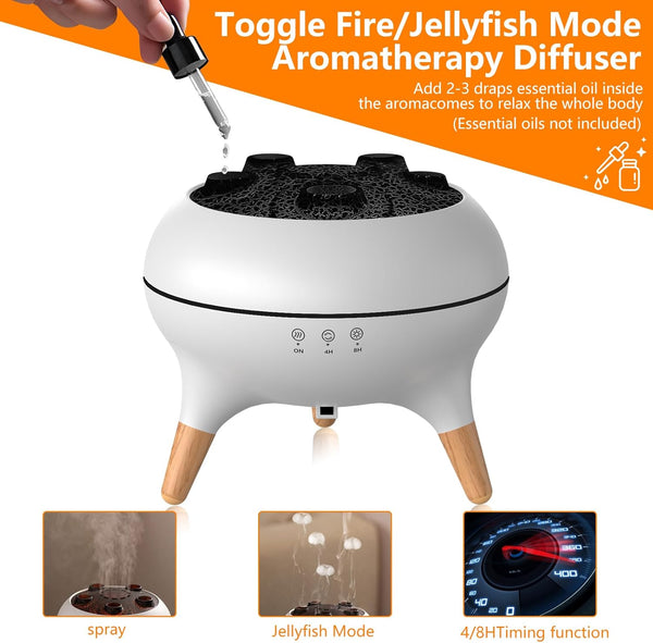 Essential Oil Diffuser for Bedroom, 250Ml Jellyfish Mist Flame Aromatherapy Air Humidifier, Aroma Diffuser with 8 Colour LED Lights, Timers, Waterless Auto Shut-Off
