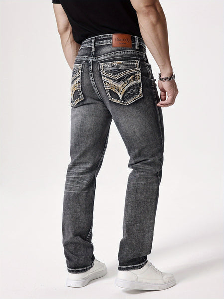 Men'S Elastic Washed Denim Jeans with Thick Line Embroidery on The Front And Back Pockets